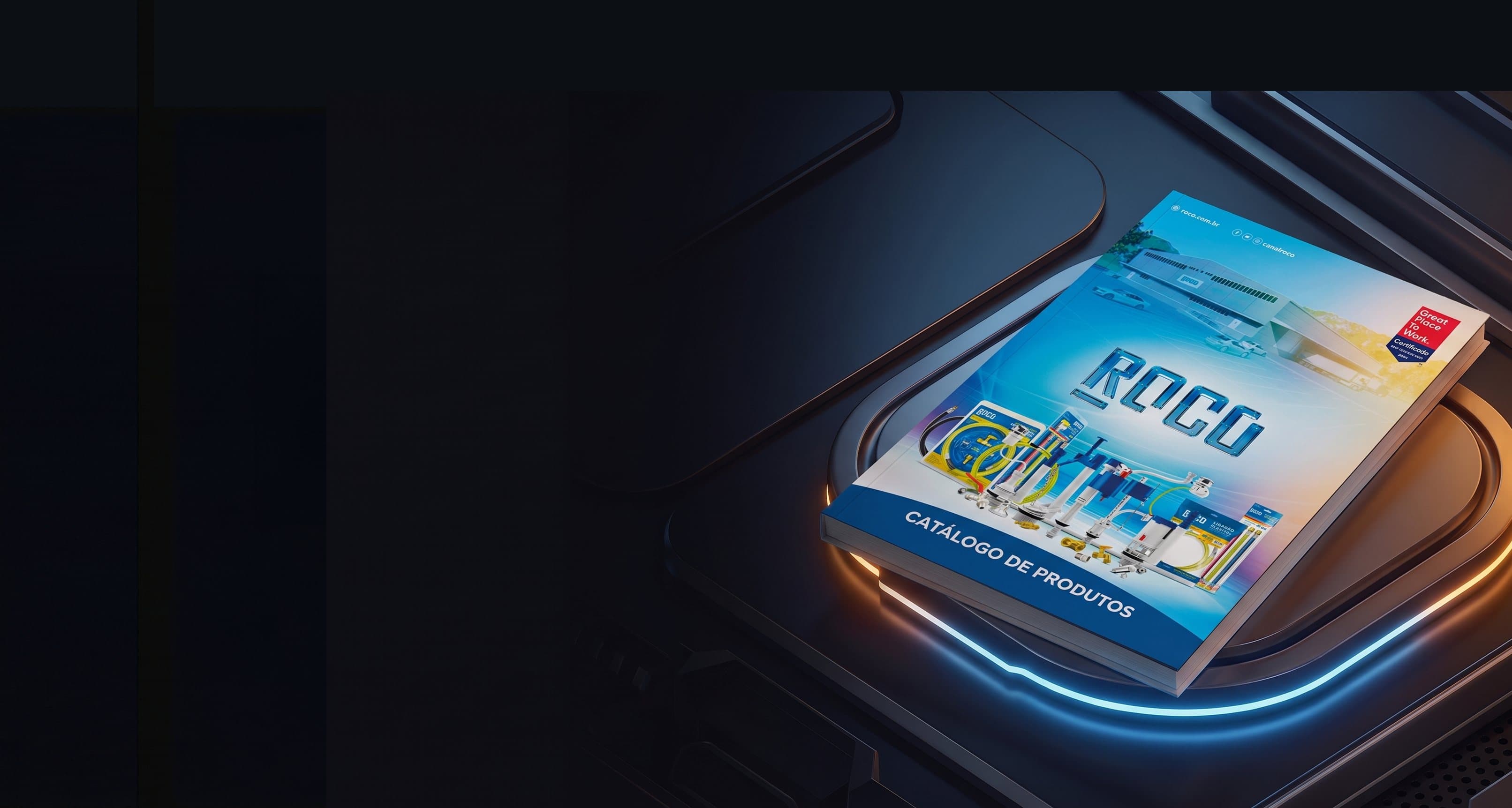 Catálogo de produtos ROCO impresso sobre uma superfície com iluminação neon