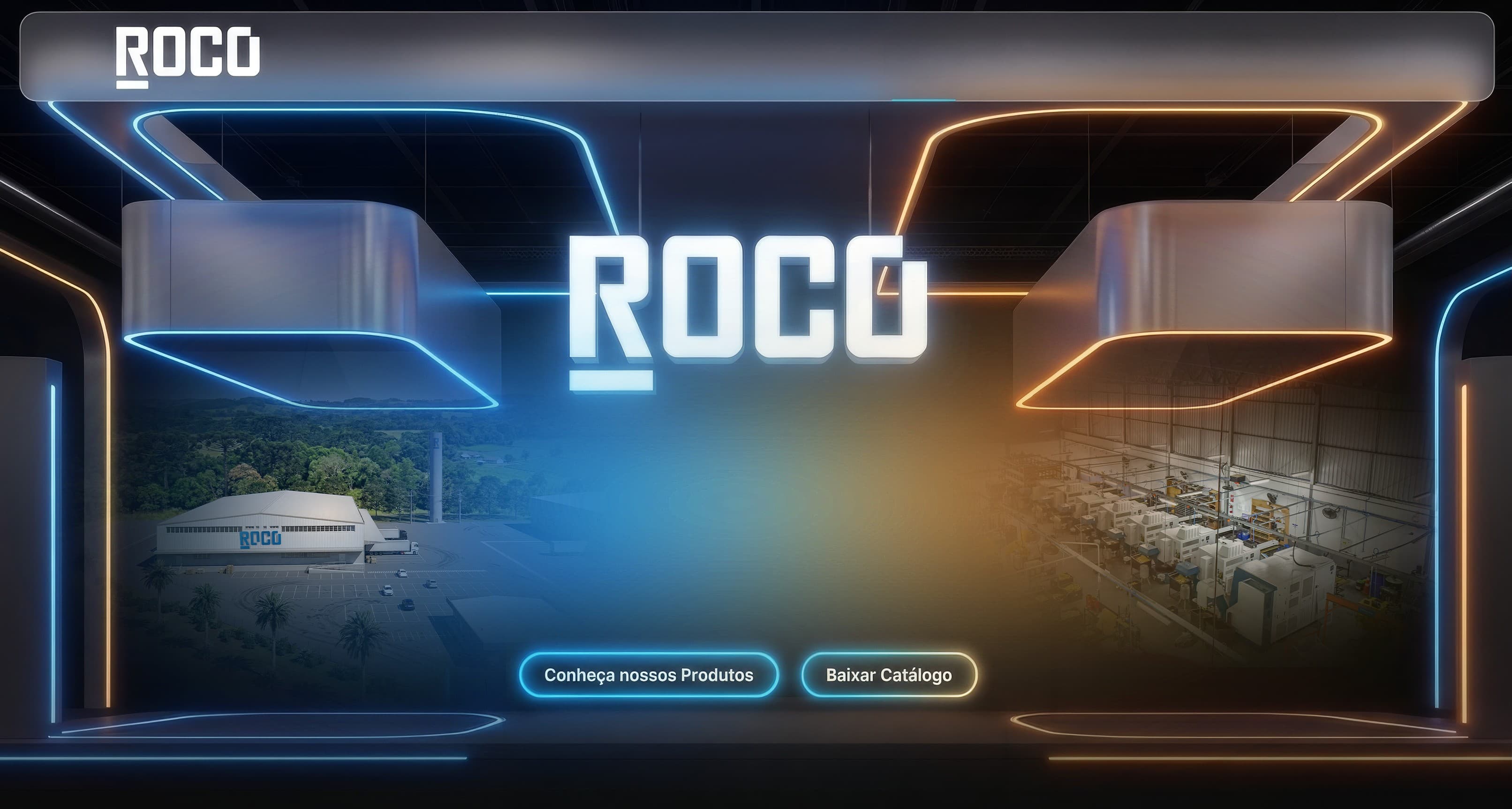 Ambiente futurista da ROCO com iluminação neon