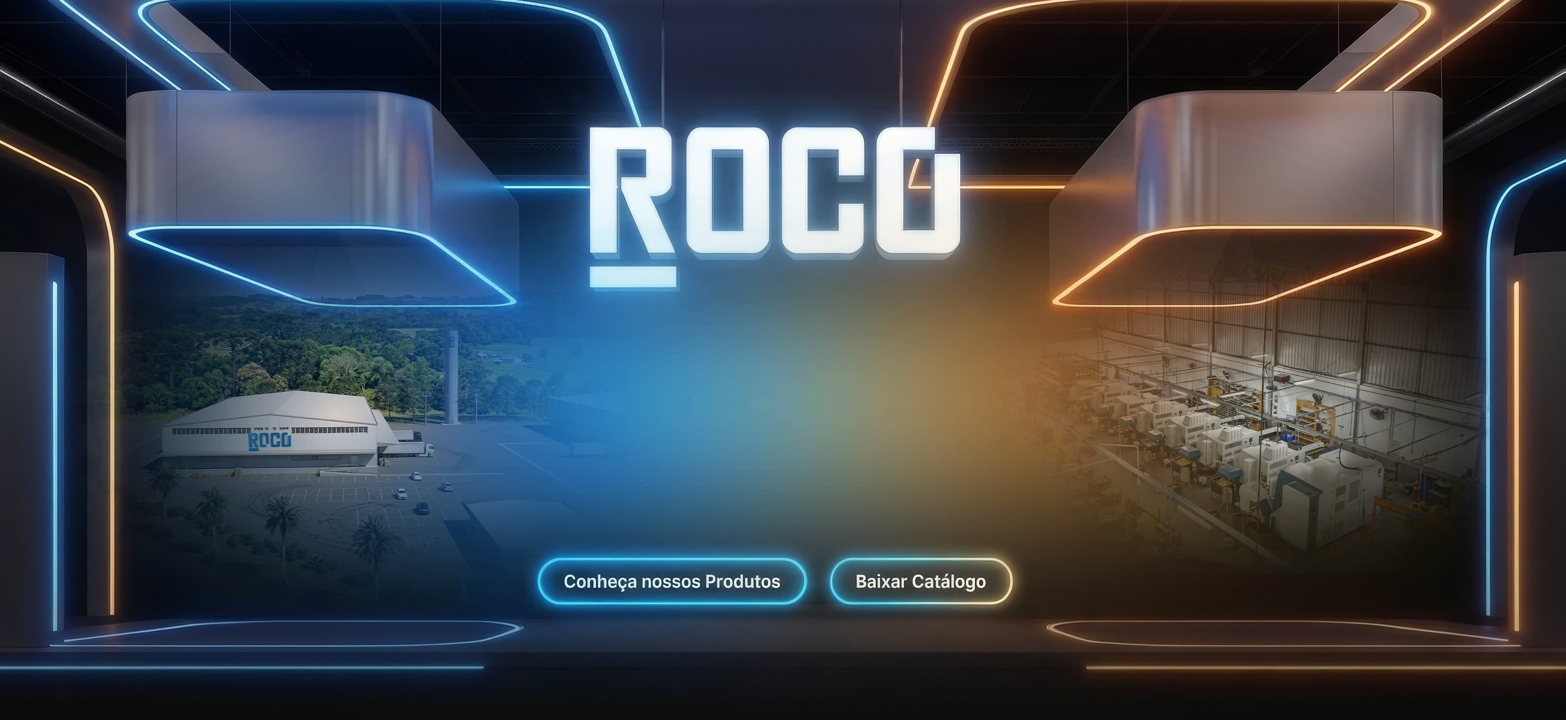 Ambiente futurista da ROCO com iluminação neon
